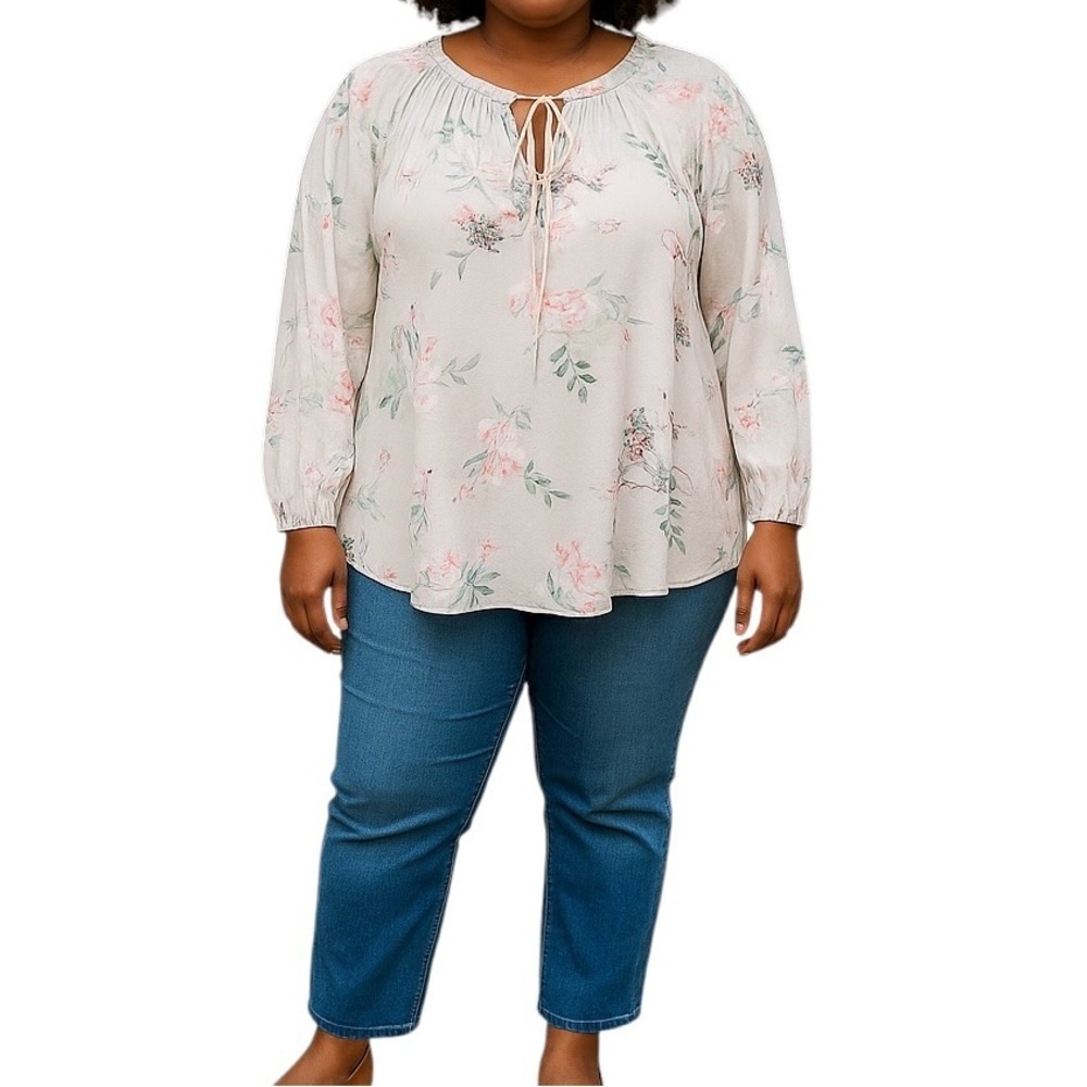 Torrid Floral Peasant Boho Semi Sheer Balloon Sleeve Gray Flowy Top Women 2X NWT